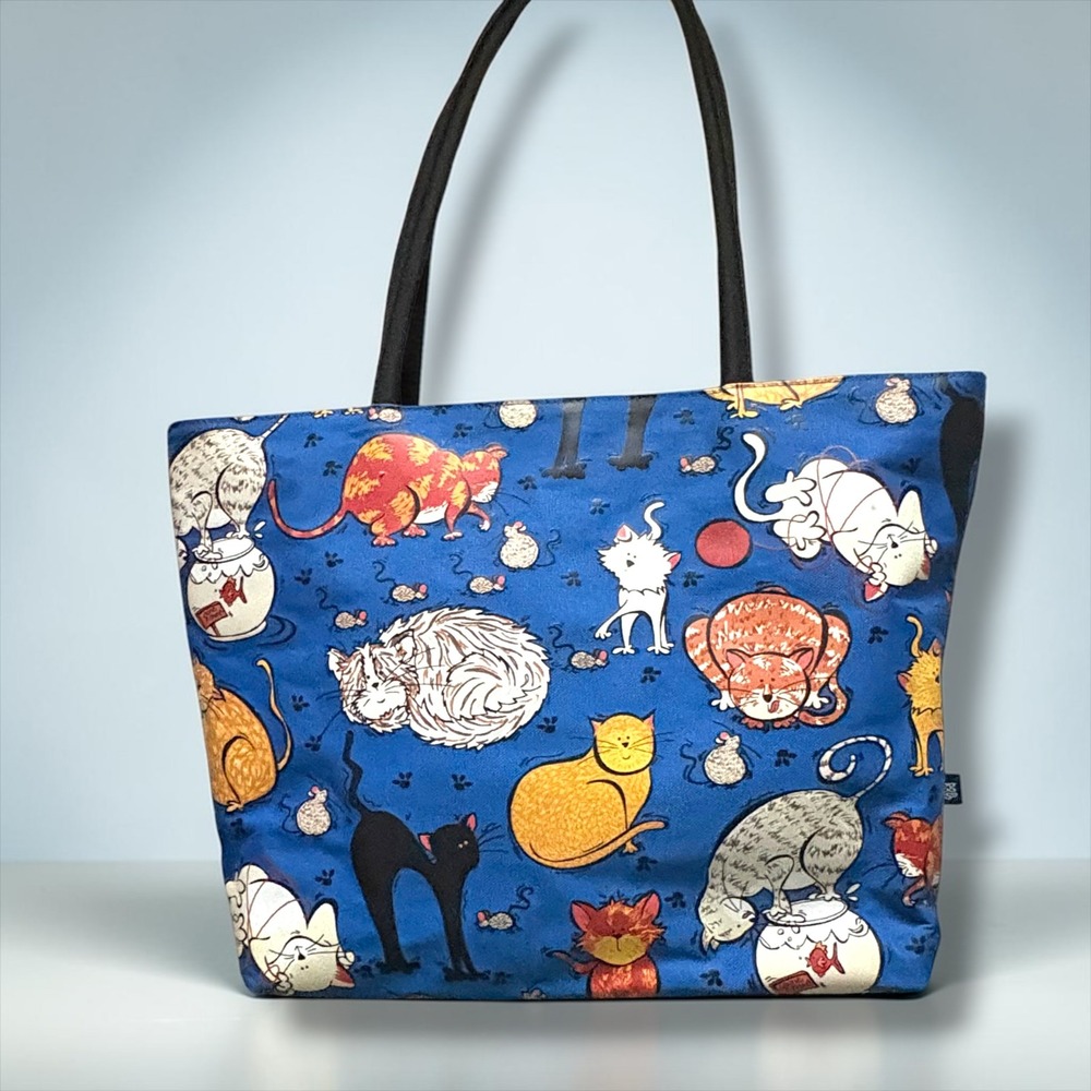 LoriLynn Simms Gregg Gift Company Blue Cat Print Canvas Tote Bag Shoulder Purse